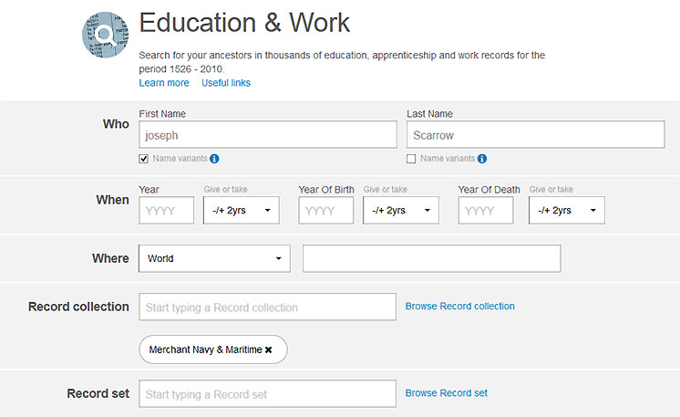 Merchant Seaman Search window from Findmypast.com